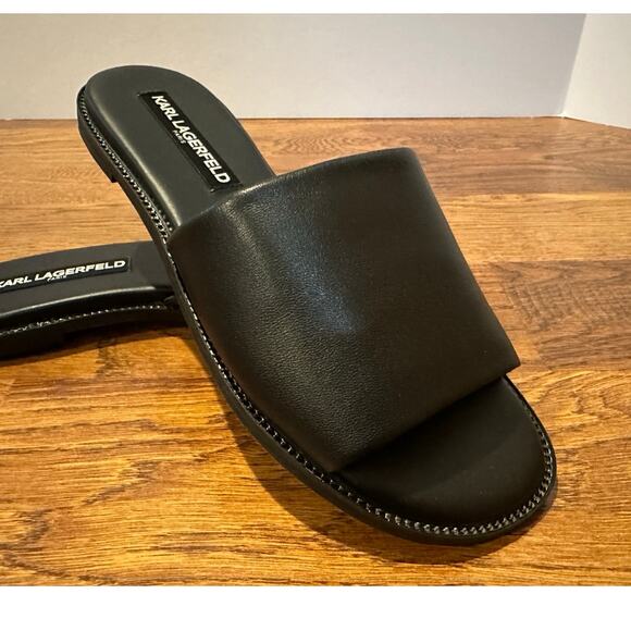 Karl Lagerfeld Paris Women's Gloria Leather Slides Black Size 6M NWT Minimalist - Picture 1 of 8